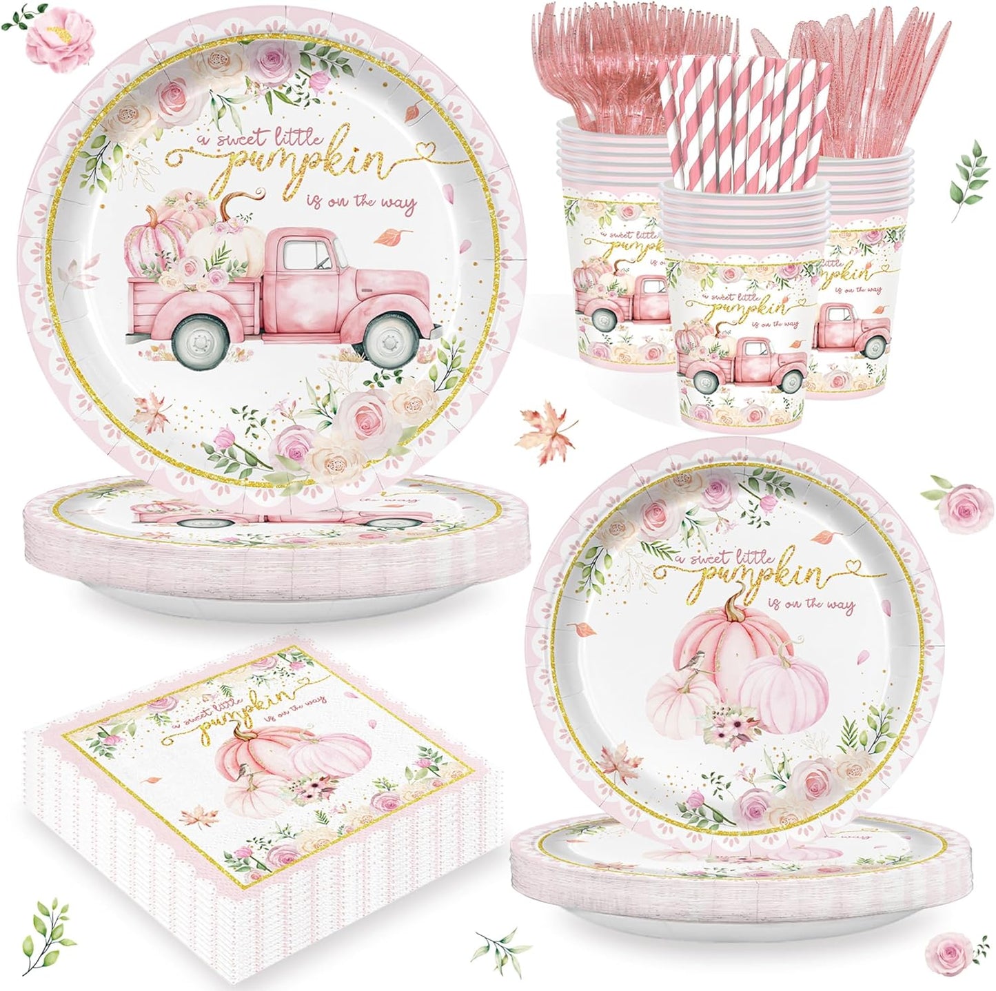 168PCS Pink Pumpkin Baby Shower Party Supllies for Girls Sweet Fall Floral Birthday Party Decorations Thanksgiving Tableware Plates Cups Napkins Cups Forks Knives and Straws Dinnerware for 24 Guests
