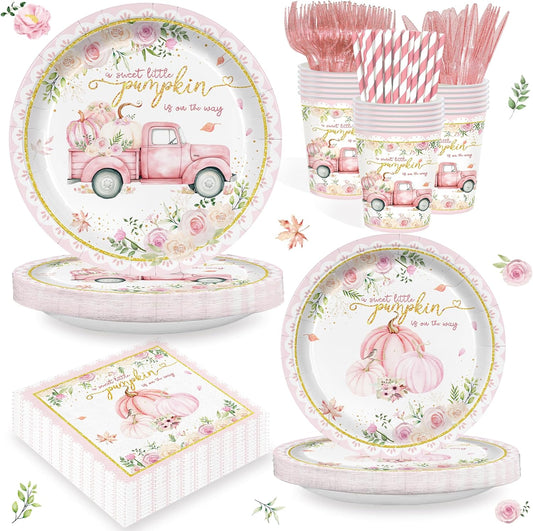 168PCS Pink Pumpkin Baby Shower Party Supllies for Girls Sweet Fall Floral Birthday Party Decorations Thanksgiving Tableware Plates Cups Napkins Cups Forks Knives and Straws Dinnerware for 24 Guests
