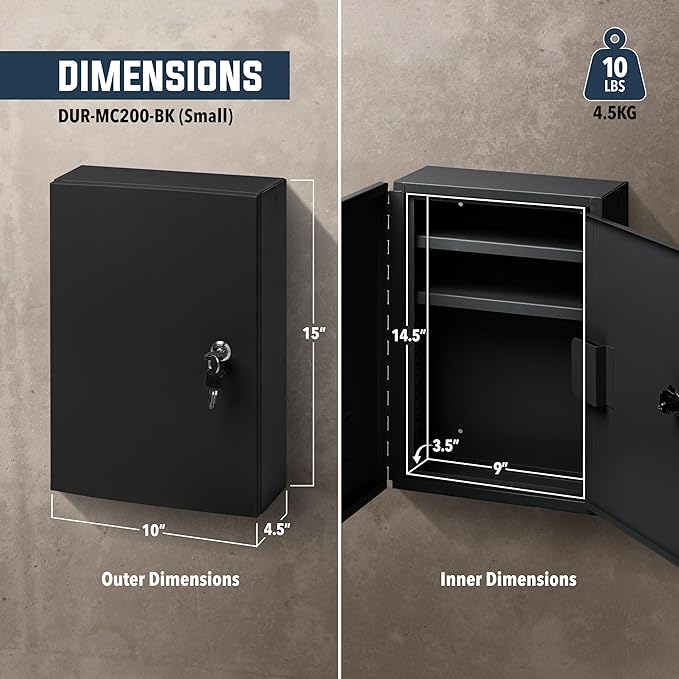 Durabox 2-Door Narcotics Cabinet - Double Door & Dual Key Lock Steel Cabinet for Safe Storage of Medicine, Prescription Drugs, Medical Supplies and More, 10"W x 15"H x 4-1/2"D (Black, Small)