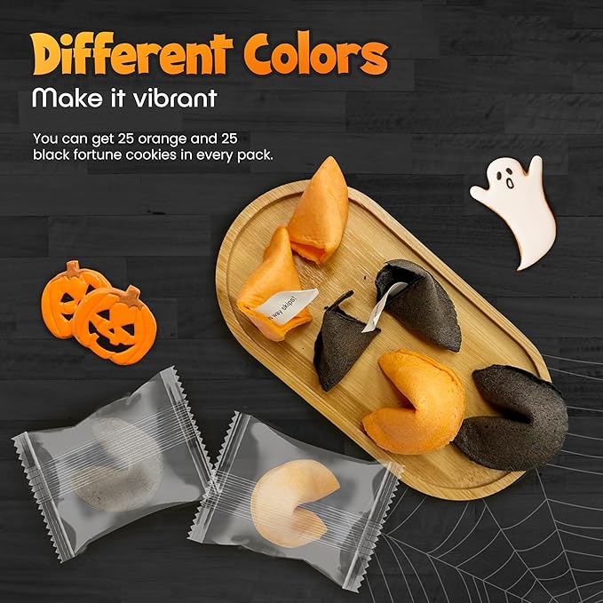 4E's Novelty Halloween Fortune Cookies Bulk - 50 Individually Wrapped with 50 Funny & Scary Fortune Cookies Sayings for Kids & Adults, Trick-or-Treat Perfect for Halloween Party