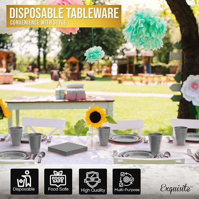 350 Pcs Silver Plastic Plates For Party, Silver Disposable Plates Set, 50 Of Each 9" Dinner Plate Set, 7" Dessert Plate, Cups, Napkins & Cutlery Plastic Dinnerware Set Exquisite