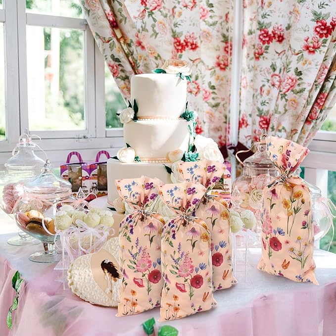 Outus 100 Pieces Party Cellophane Treat Bag Floral Candy Bags for Baby Shower Wedding Bridal Shower Supplies Favors Decorations Birthday Theme Floral Graduation Decor (Wild Flowers)
