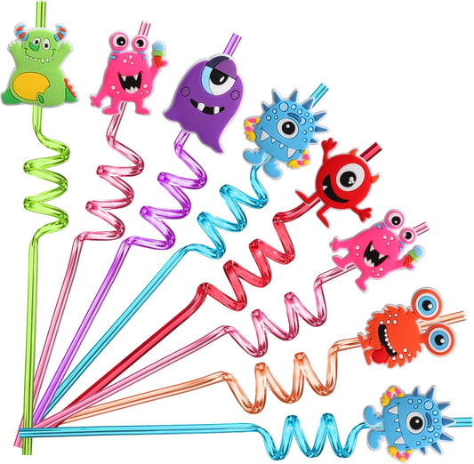 AFZMON 24 PCS Monster Drinking Straws Reusable Plastic Beverages Cocktail Straw with Cartoon Decoration for Kids Monster Party Supplies for Birthday Party Favors