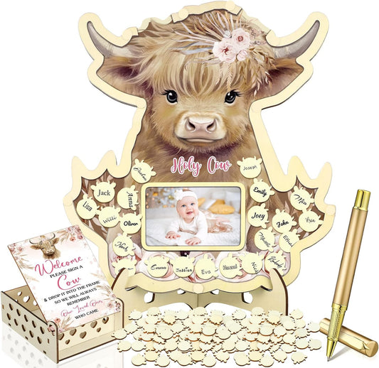 Wenqik 63 Pcs Highland Cow Baby Shower Guest Book Alternatives Set Baby Shower Decorations with Photo Frame Sonogram Frame Keepsake 60 Wood Slices Guest Book for Birthday