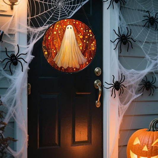 Stained Glass Window Hanging - Halloween Decoration Glowing Forest Ghost Suncatcher for Door Garden Spooky Orange Sun Catchers Gothic Decor Horror Gifts for Women Men Friend Boy Girl 11.8 in
