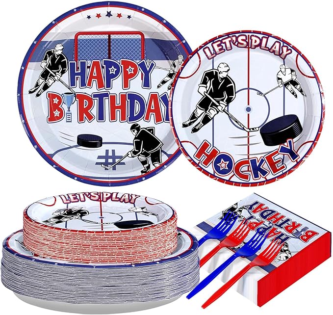 Grencian 200Pcs Hockey Party Supplies Ice Hockey Birthday Party Set Including Plates and Napkins Disposable for Boys Kids Birthday Hockey Fans Sports Games Themed Par-ty Decoration Serves 50
