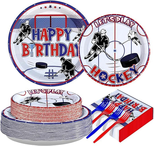 Grencian 200Pcs Hockey Party Supplies Ice Hockey Birthday Party Set Including Plates and Napkins Disposable for Boys Kids Birthday Hockey Fans Sports Games Themed Par-ty Decoration Serves 50