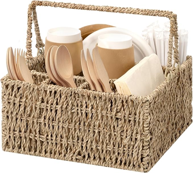 StorageWorks Wicker Silverware Organizer with Handle, Seagrass Kitchen Utensil Holder, Large Utensil Holder for Kitchen Counter, Spoon Forks Knife Cutlery Caddy, Paper Plate Dispenser for Countertop
