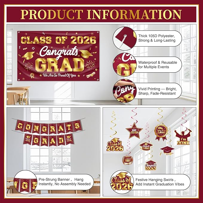 Graduation Decorations Class of 2026 Maroon and Gold Graduation Party Decor Set include Congrats Grad Banner Backdrop Class of 2026 Balloons Party Supplies