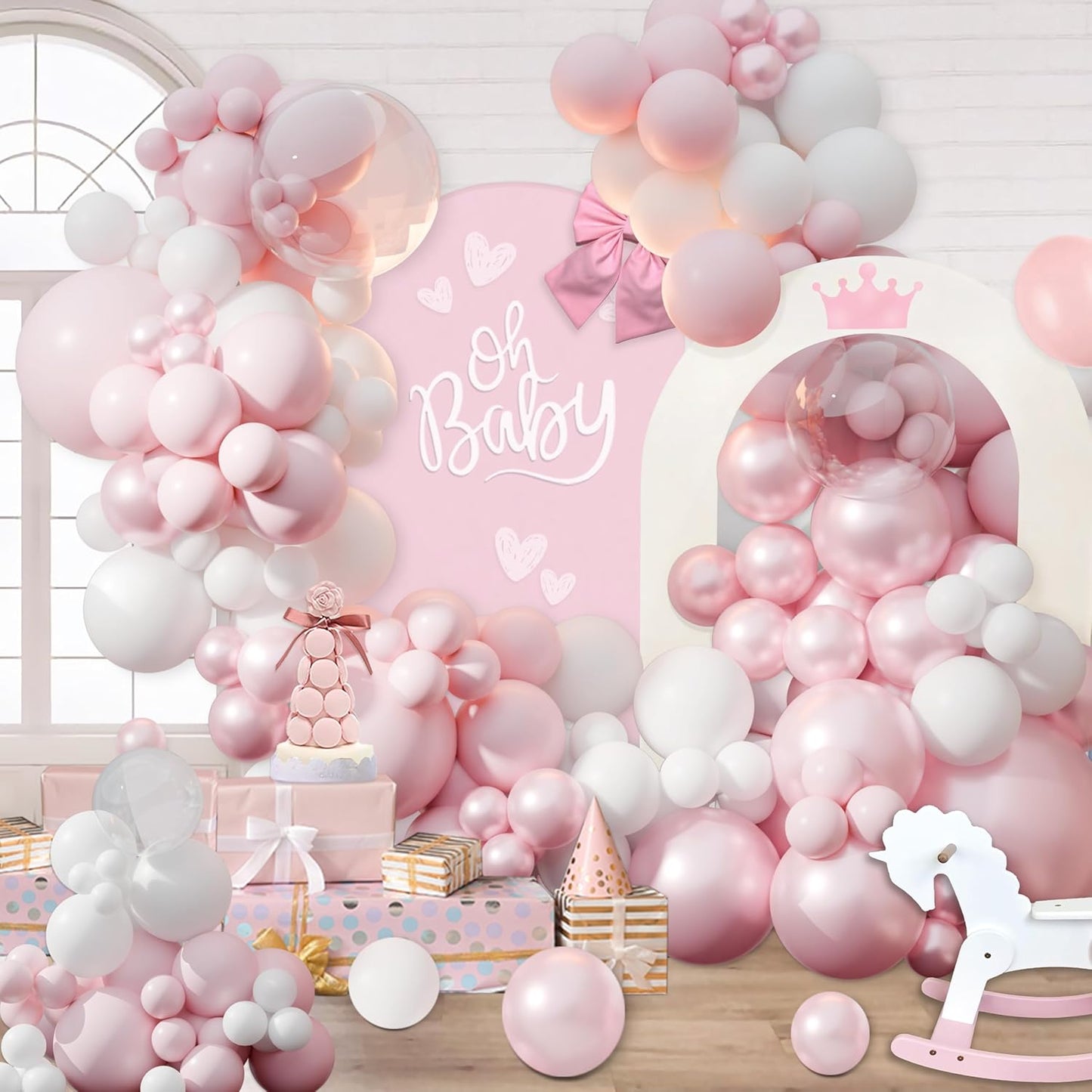 Pink Balloon Arch Kit, 108Pcs Double Stuffed Balloon Arch Garland Kit Include Pearl Pink Macaron Pink White Balloons Clear Balloons for Birthday Wedding Baby Shower Bridal Party Decorations