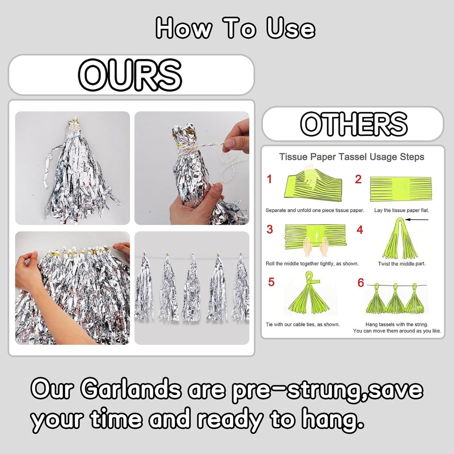 BEISHIDA 3 Packs Silver Metallic Foil Fringe Tassel Garland, Tassels Banner Streamers for Car Floats Bridal/Baby Shower Birthday Wedding Halloween Christmas Holiday Party Decoration