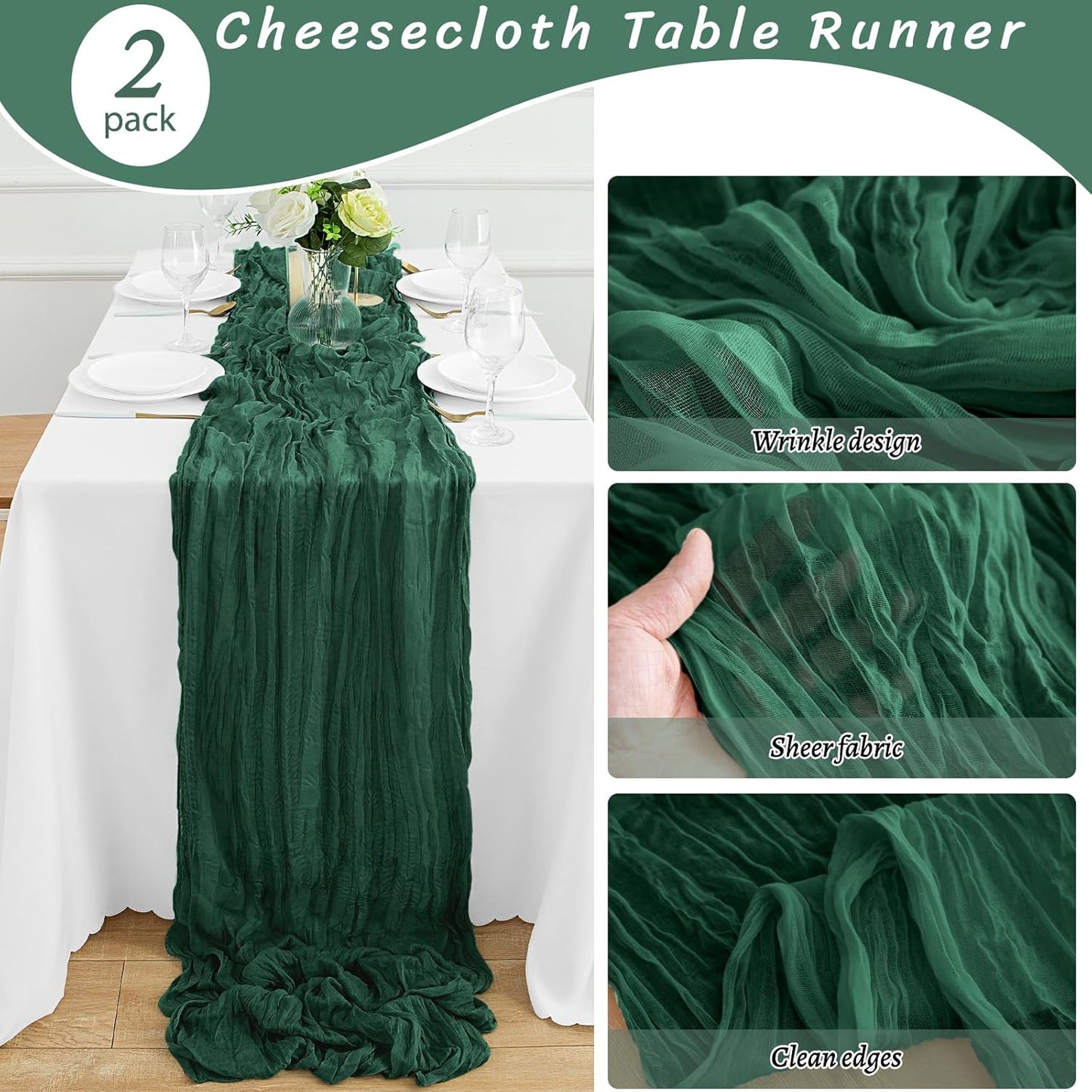 2Pack Emerald Green Table Runner 10FT Cheesecloth Table Runner 35x120Inch Long Boho Cheese Cloth Table Runners Rustic Gauze Table Runners for Party Wedding Bridal Shower Baby Shower Decorations