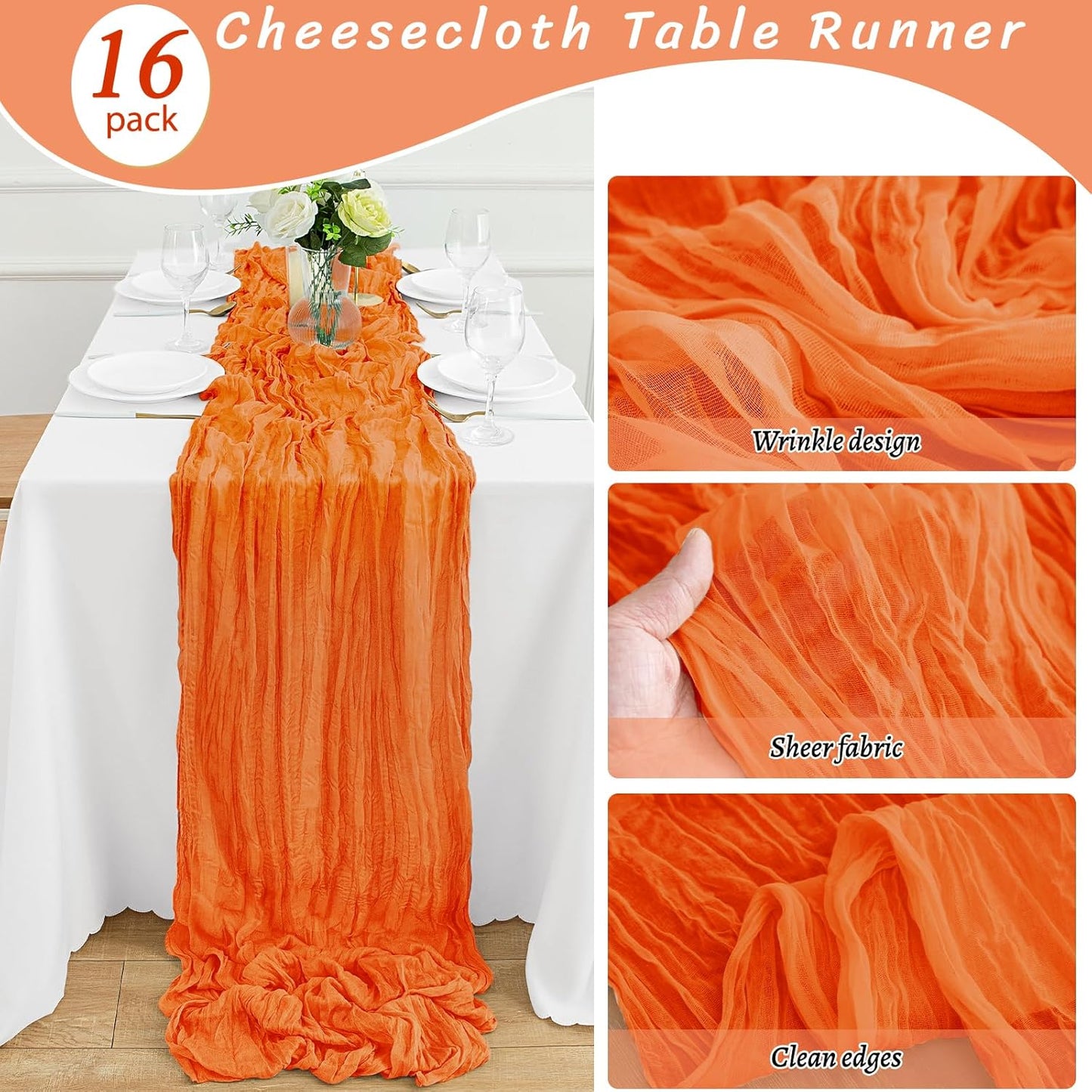 16Pack Orange Table Runner 10FT Cheesecloth Table Runner 35x120Inch Long Boho Cheese Cloth Table Runners Rustic Gauze Table Runners for Party Wedding Bridal Shower Baby Shower Decorations