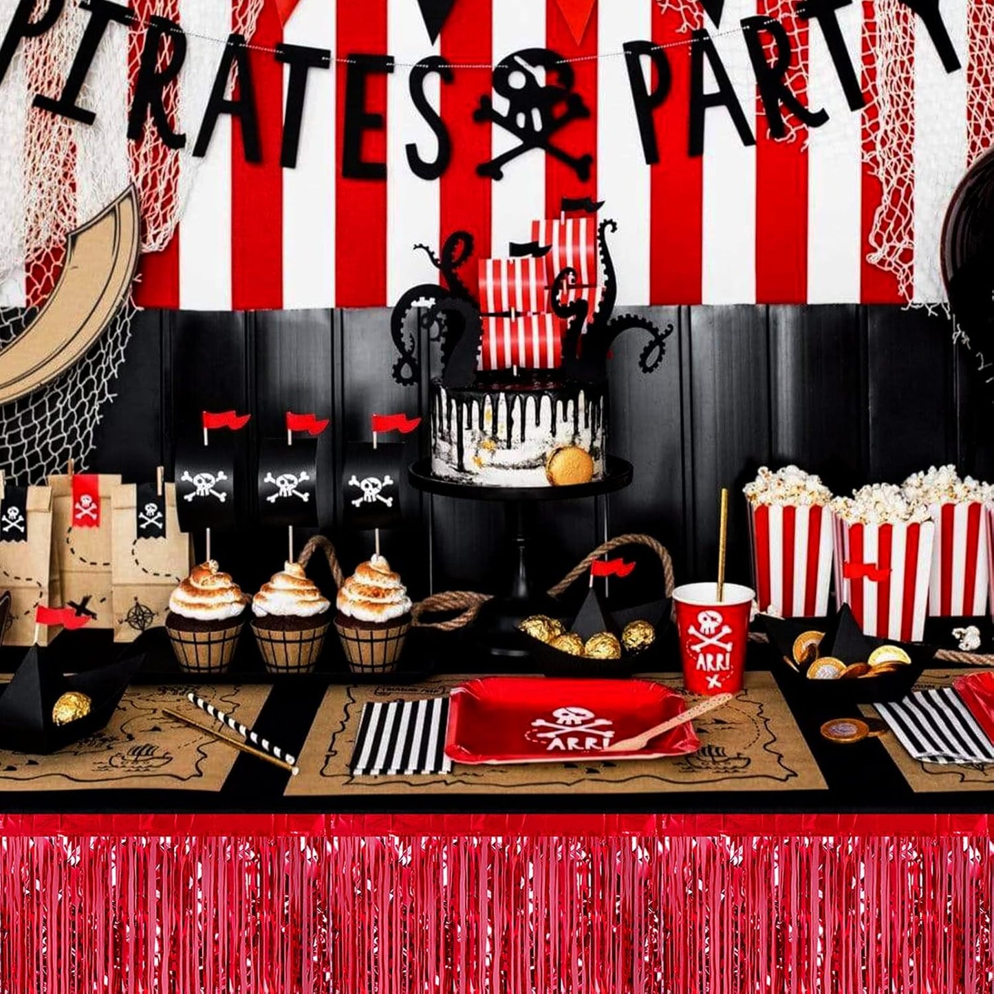 6 Pack 29x108 Inch Red Metallic Foil Fringe Table Skirts Banner for Tinsel Streamer Garland Curtains Backdrop for Parade Floats Wedding Baby Shower Birthday Christmas Halloween Party Decoration