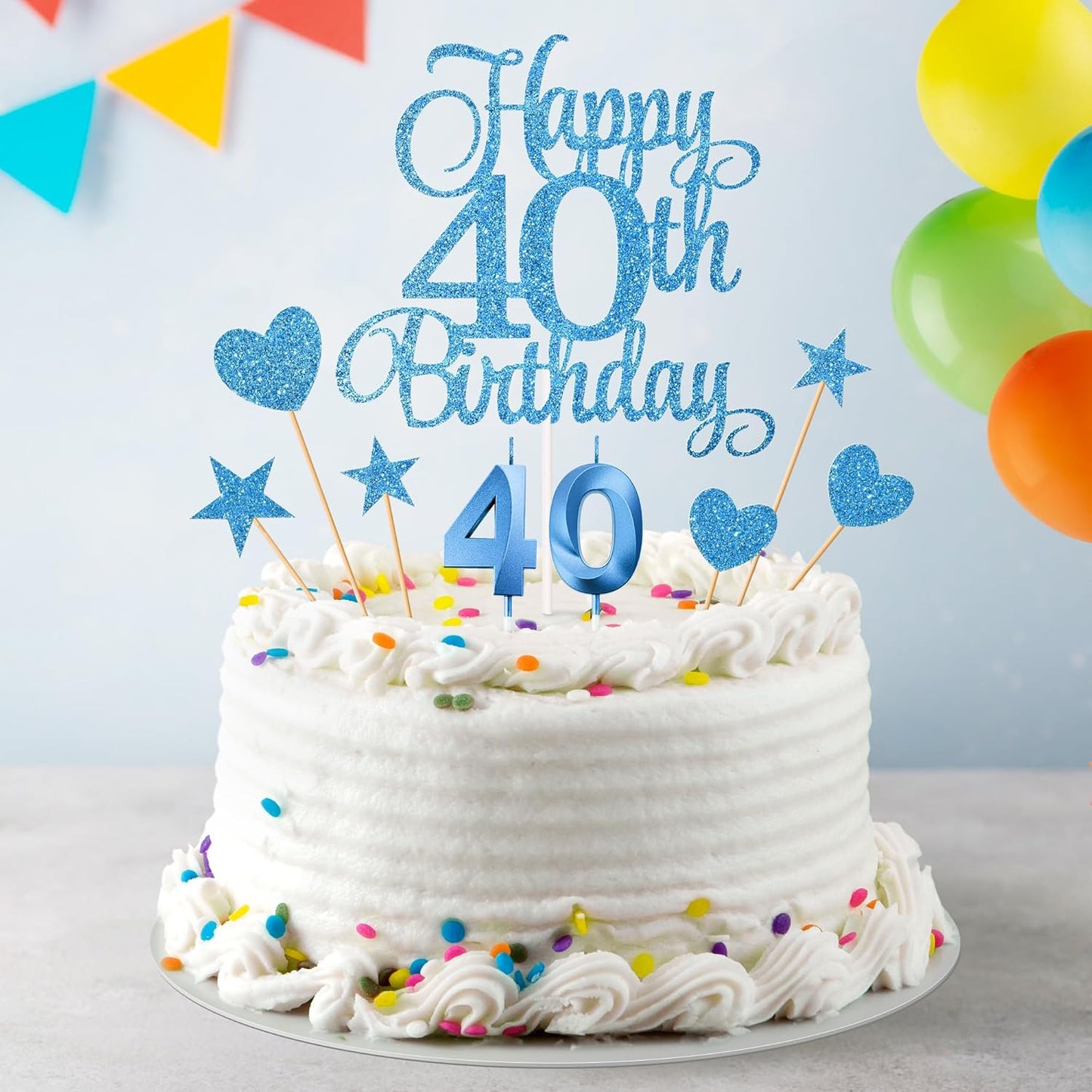 40th Birthday Cake Decorations, 40th Birthday Candles Cake Numeral Candles and Glitter Happy 40th Birthday Cake Toppers Set for Birthday Party Supplies (Blue)
