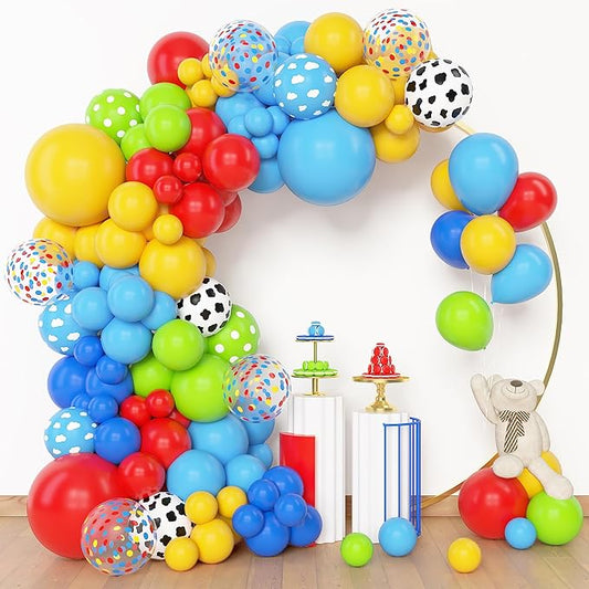 Amandir 152Pcs Blue Red Yellow Balloon Arch Garland Kit, Different Sizes 12 10 5 Cow Cloud Pattern Green Confetti Latex Balloons For Cartoon Theme Birthday Baby Shower Decorations