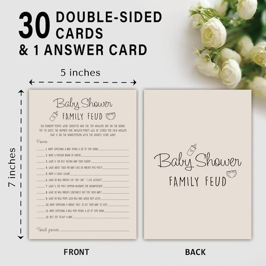 Baby Shower Family Feud Game - 30 Cards, Answer Key, Gender Neutral Decorations for Boy & Girl - Light Brown