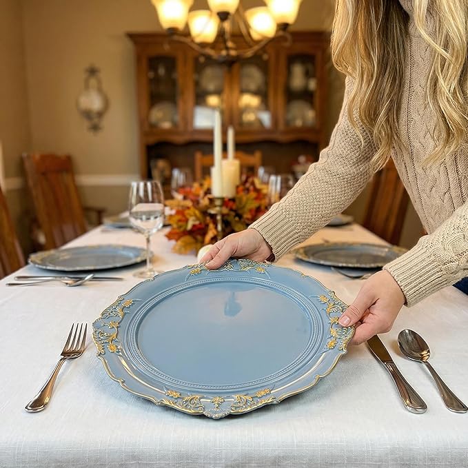 Blue Charger Plates, 13 Inch Embossed Chargers for Dinner Plates. Plastic Charger for Wedding, Party. (Set of 6)