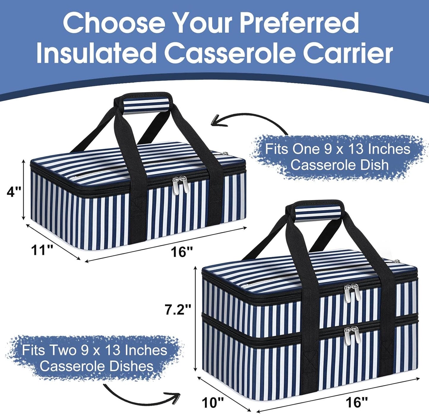 Double Insulated Casserole Carrier, Portable Casserole Carrier for Hot or Cold Food Lunch Tote Warmer or Cooler Bag, Lasagna Lunch Bag for Potluck Parties- Fits 9" x 13" Baking Dish-Blue Stripes