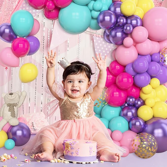 Amandir 153pcs Purple Blue Pink Balloon Garland Arch Kit, Different Sizes 18 12 10 5 inch Teal Yellow Latex Metallic Confetti Balloons for Magic Birthday Engagement Party Decoration