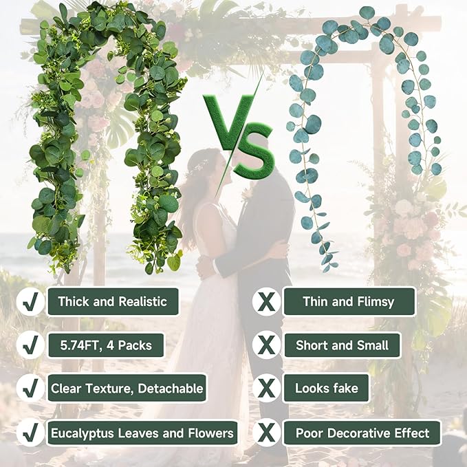 4 Packs 5.74 Ft Artificial Eucalyptus Garland Leaves with Flowers Artificial Fake Greenery Hanging Vines for Wedding Table Home Stairs Decor Decorations Garland for Mantle