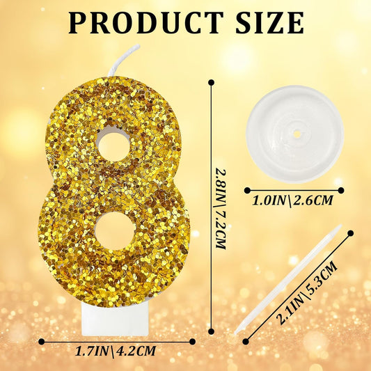 Birthday Number Candles, Glitter Number Candle Cake Decorations with Sequins, Cupcake Decorations for Girls, Women, Party Anniversary Celebrations (Number 8, Golden)