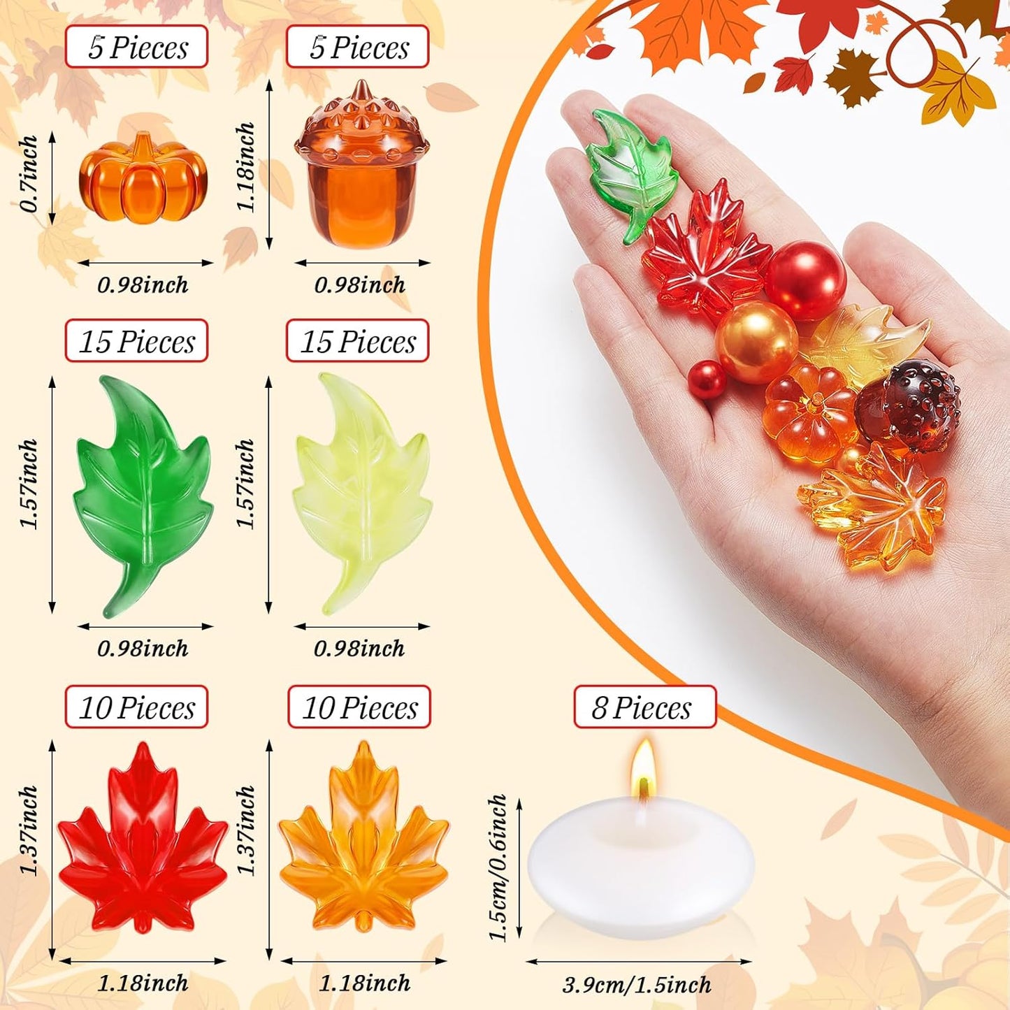MTLEE 124 Pcs Thanksgiving Vase Filler Faux Pearl for Vase Filler with 8 White Unscented Candles for Fall Thanksgiving Home Table Party Festival Decors, Not Included Clear Beads(Mixed Leaves)