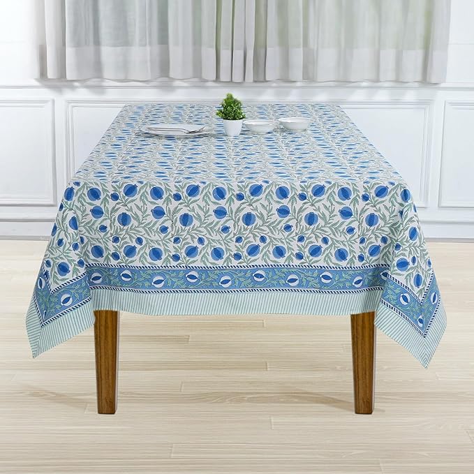 Ridhi Hand Block Print Queen Blue Rectangle Cotton Tablecloth 160" x 72" Reusable Table Cover Decorative Everyday Use for Dining, Farmhouse, Home Gift for Spring, Easter, Valentine
