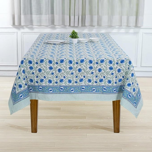 Ridhi Hand Block Print Queen Blue Rectangle Cotton Tablecloth 120" x 80" Reusable Table Cover Decorative Everyday Use for Dining, Farmhouse, Home Gift for Spring, Easter, Valentine