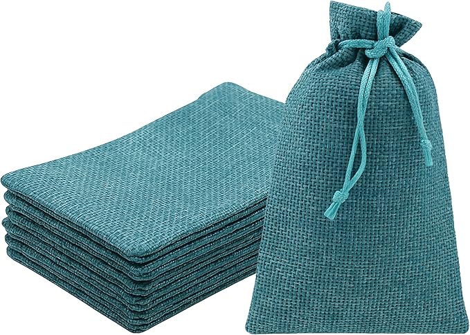 Mandala Crafts 7X9 Inch Teal Burlap Drawstring Gift Bags for Favors - 20 Medium Linen Sacks Gift Pouches for Candy, Coffee, Jewelry, Wedding, and Party Supplies