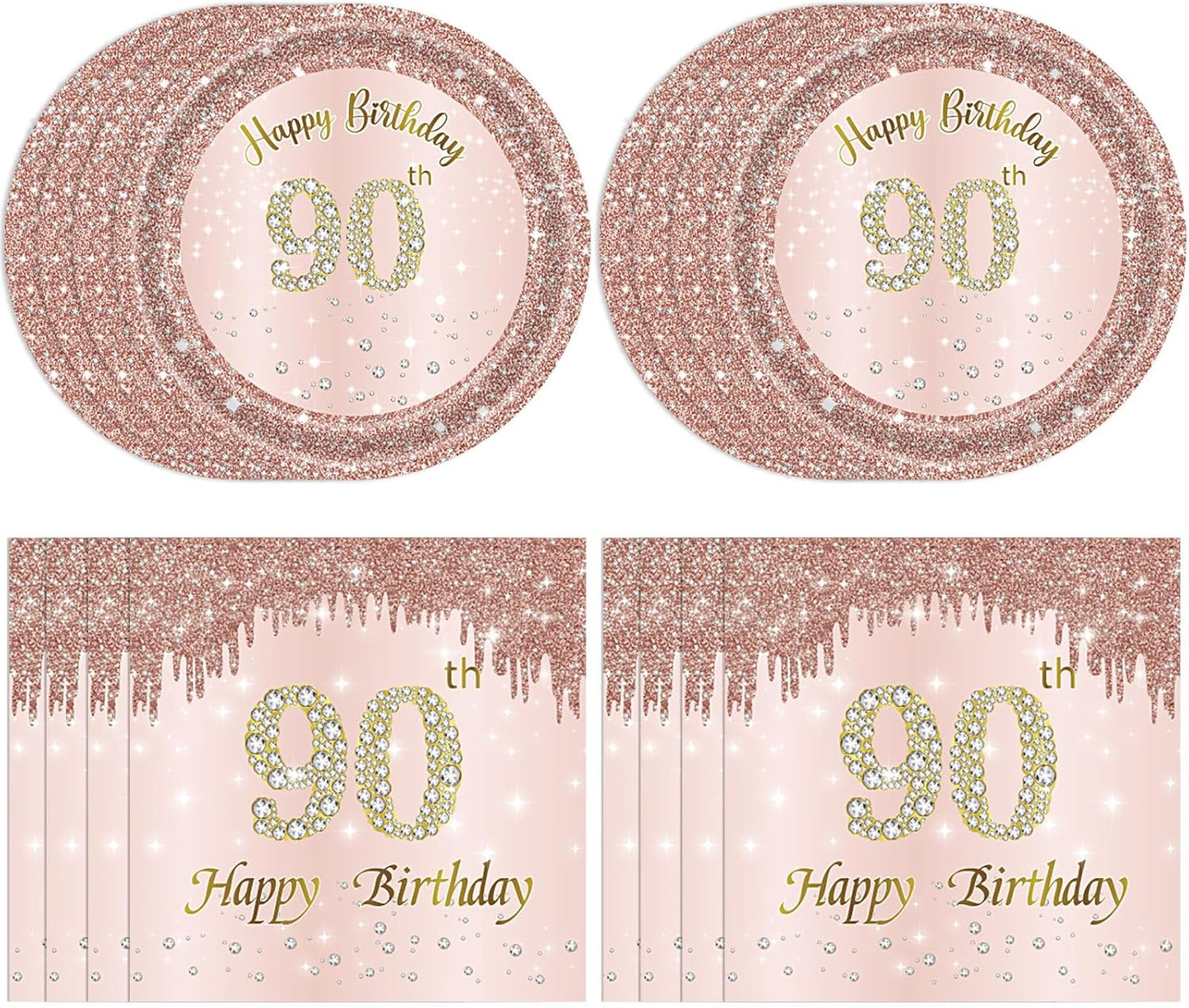90th Birthday Decorations, Rose Gold Birthday Party Supplies Include 20Pcs Plates 20Pcs Napkins Sweet Ninety Year Old Party Tableware for Girl Ladies Women