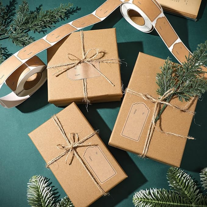 auroray 600 Pcs Natural Brown Kraft to and from Gift Tag Stickers 1.18"X2.36", Kraft to from Adhesive Gift Labels Sticker Christmas Holiday Present Labels, 300 Pcs/Roll
