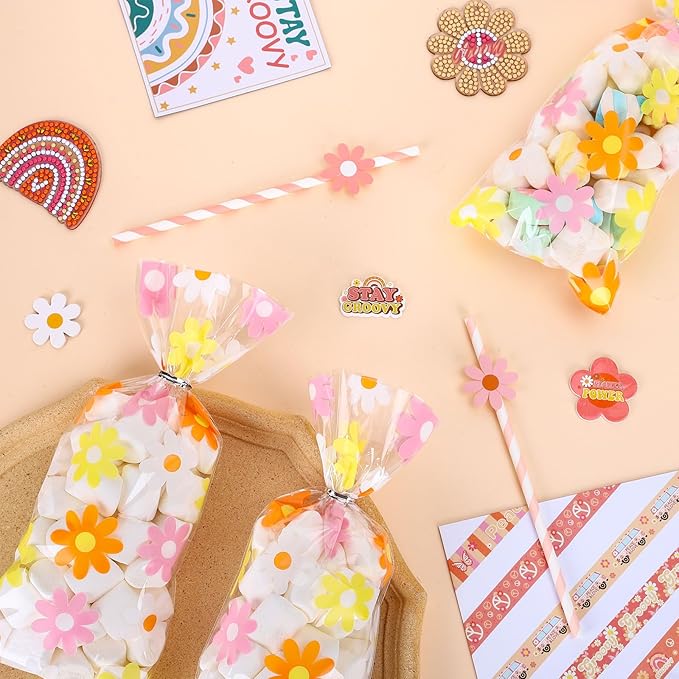 Whaline 100Pcs Groovy Daisy Cellophane Bags with Silver Twist Ties Retro Hippie Boho Party Treat Bag Colorful Flower Plastic Goodie Bags for Daisy Flower Birthday Baby Shower Wedding Party Favor