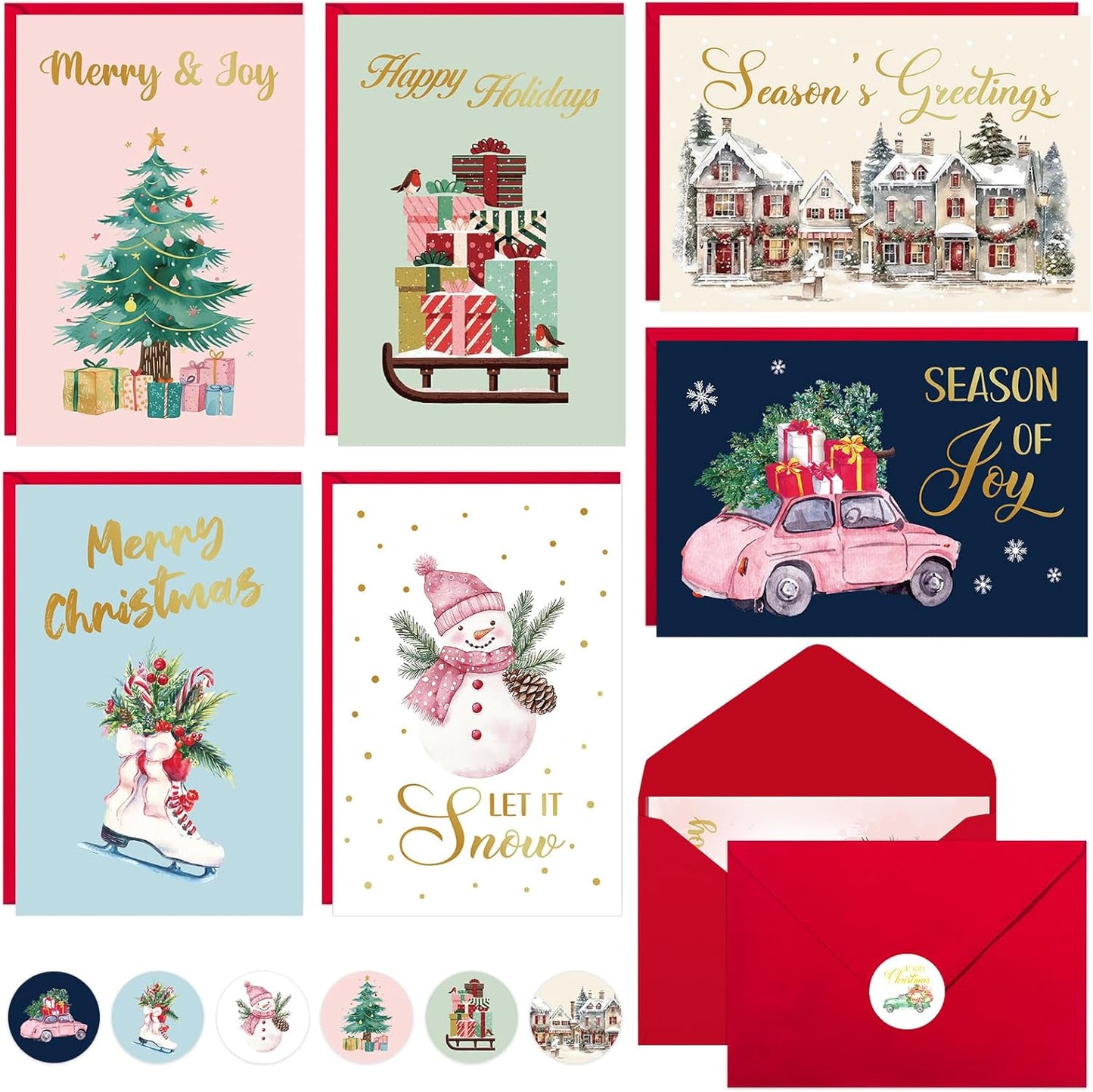 Christmas Cards, 36 Pack Merry Christmas Cards with Envelopes & Stickers, 4x6 Inch Holiday Card, 6 Assorted Designs Greeting Card for Xmas