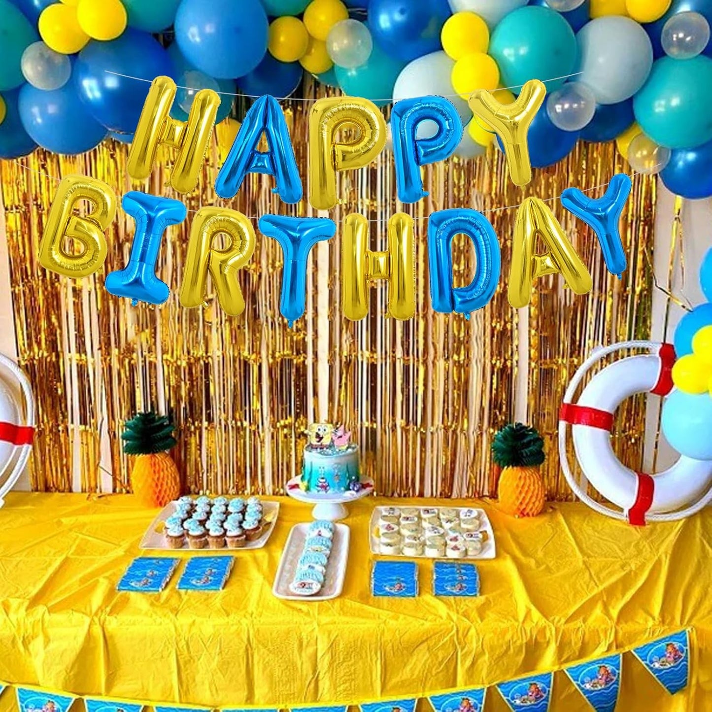 TONIFUL Happy Birthday Balloons with Ribbon Straw, 16 Inch Mylar Letters Birthday Sign Banner Bunting Reusable for Girls Boys Kids & Adults Party Decorations Supplies（Gold Blue）