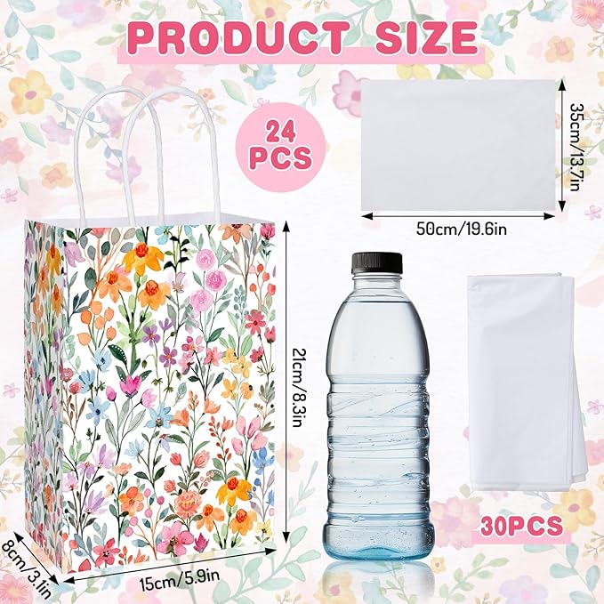 JarThenaAMCS 24Pcs Wildflower Paper Gift Bags Watercolor Floral Colorful Flower Party Favor Bags with Handle and 30 Sheets Tissue Paper for Wedding Birthday Baby Shower Wrapping