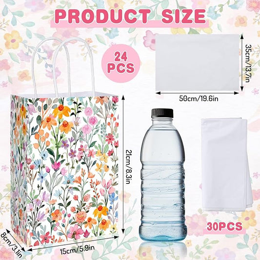 JarThenaAMCS 24Pcs Wildflower Paper Gift Bags Watercolor Floral Colorful Flower Party Favor Bags with Handle and 30 Sheets Tissue Paper for Wedding Birthday Baby Shower Wrapping