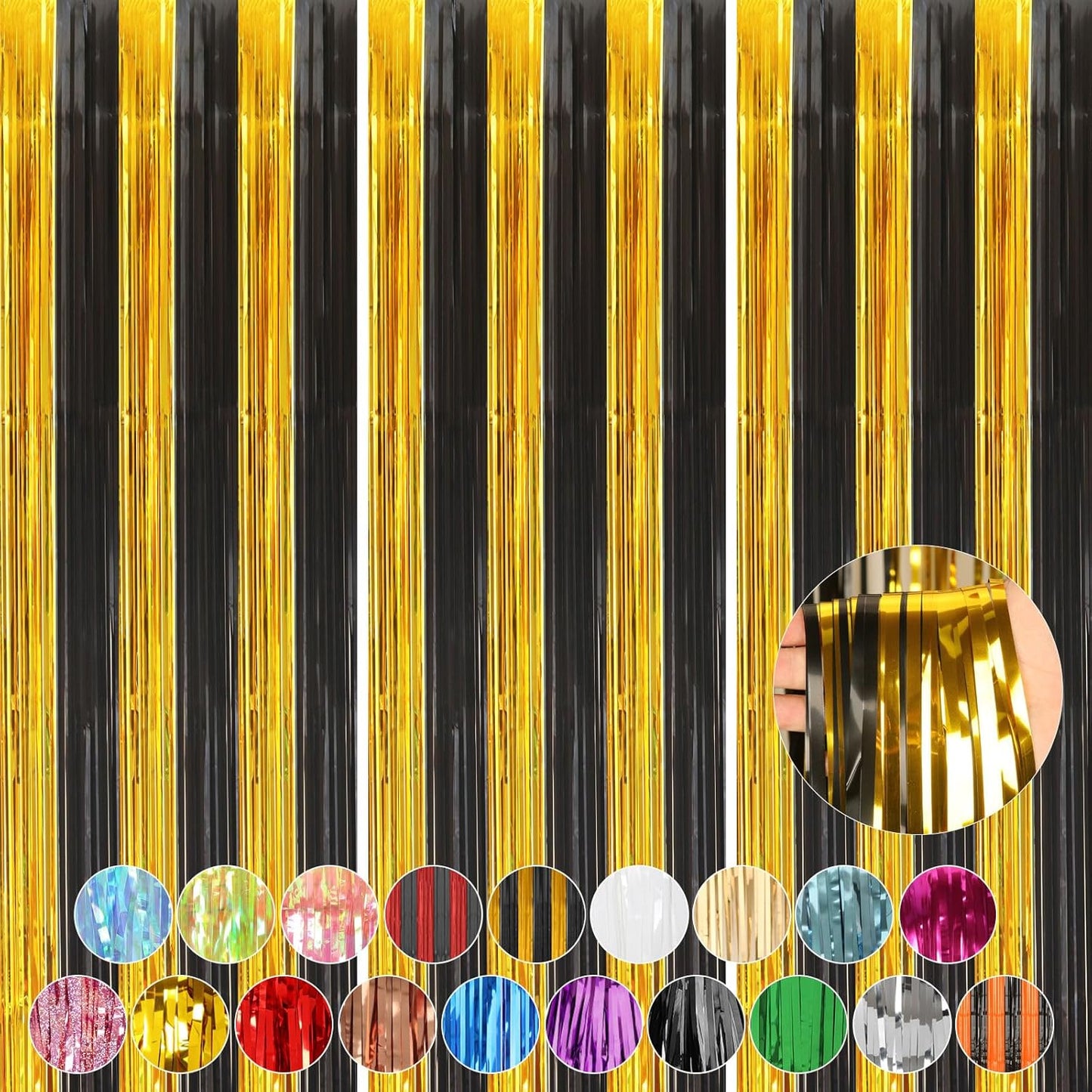 Accevo 3Pack Black Gold Party Streamers 3.2x8.2 Feet Metallic Foil Fringe Curtains Tinsel Streamers Party Decor Photo Booth for Christmas New Year Party Decorations Gold Black Party Decoration