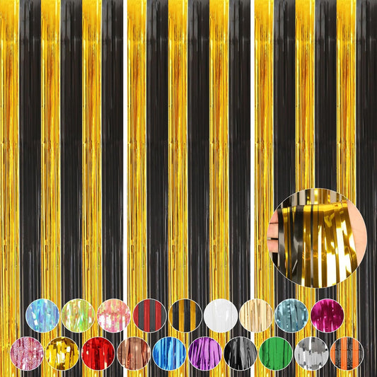 Accevo 3Pack Black Gold Party Streamers 3.2x8.2 Feet Metallic Foil Fringe Curtains Tinsel Streamers Party Decor Photo Booth for Christmas New Year Party Decorations Gold Black Party Decoration