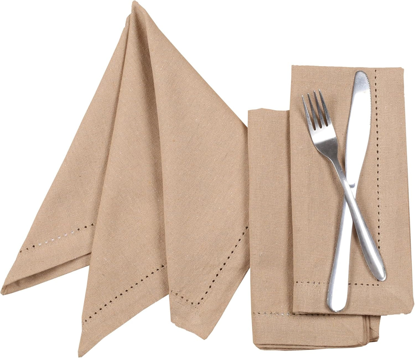 Lightnpro Cloth Dinner Napkins Set of 12 - Hemstitched Dinner Cloth Napkins, Washable and Reusable Natural Flax Napkins for Dining, Parties, Weddings, Holiday & Everyday Use - 18x18 Inch Beige