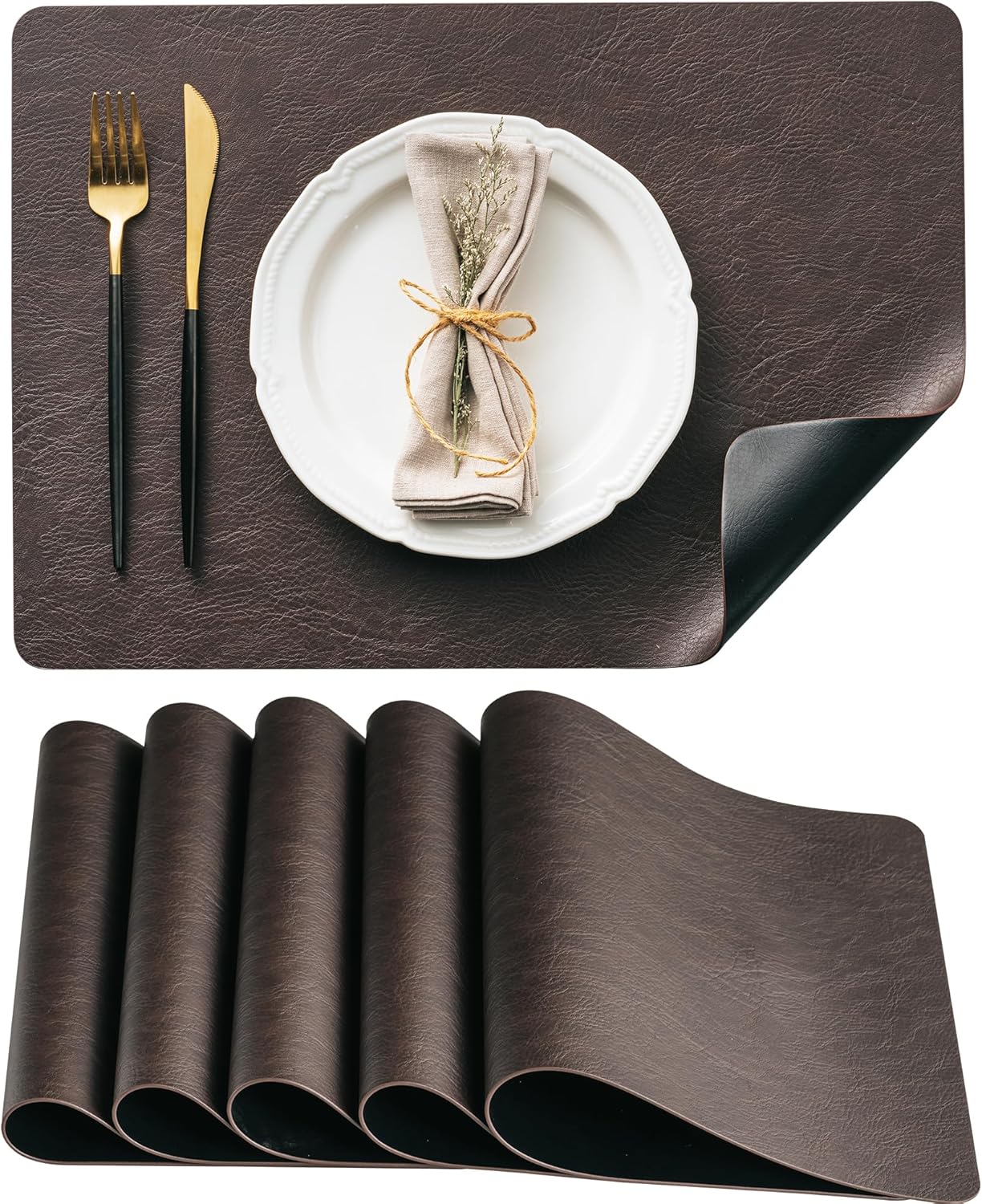 DOLOPL Placemats Set of 6 Reversible Dual-Color Table Placemats – Heat Resistant Wipeable & Washable Place Mats, Faux Leather Table Mats for Vintage Table Decor（Dark Brown & Black）