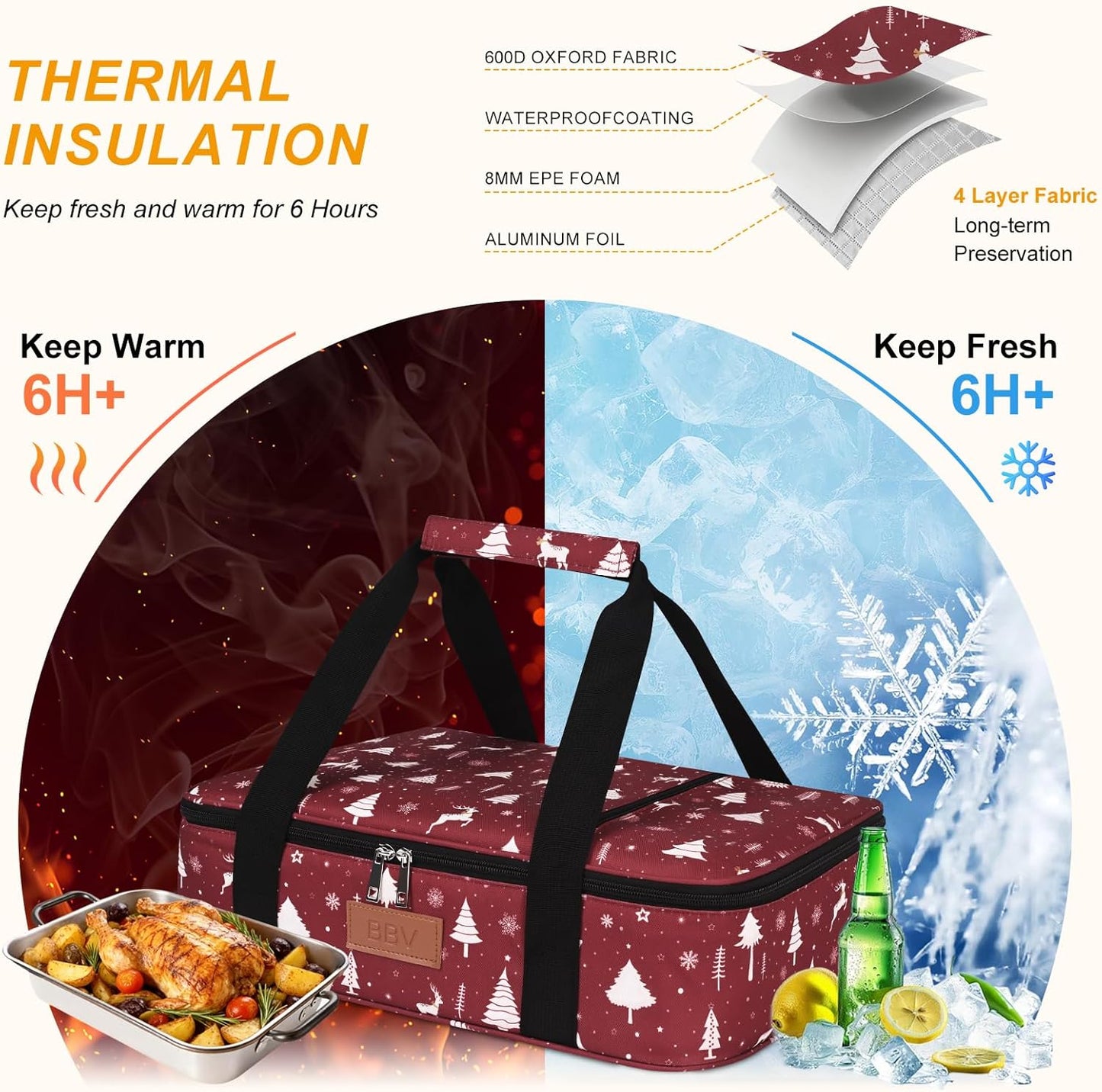 BBV Christmas Insulated Casserole Carrier for Hot or Cold Food, Food Warmer Bag Fits 9"x13" Baking Dish, Durable Nylon Leak Proof Food Containers for Travel, Potluck, Parties, Picnic (Christmas Elk)