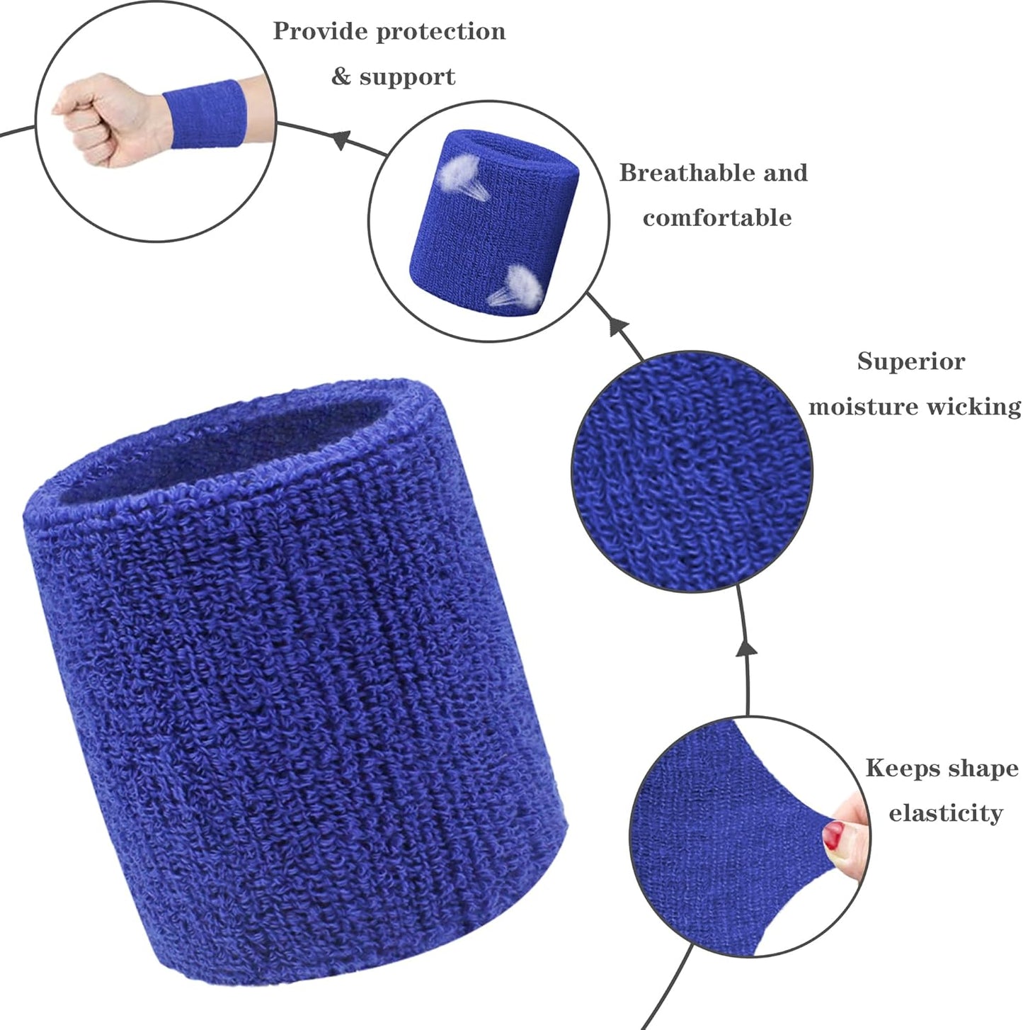 6 Pieces Sweatband Set Sports Headband Wristband Set, Moisture Wicking Athletic Sweatbands 4 Wrist Sweatband and 2 Headbands, Terry Cloth Sweat Absorbing Head Band for Workout