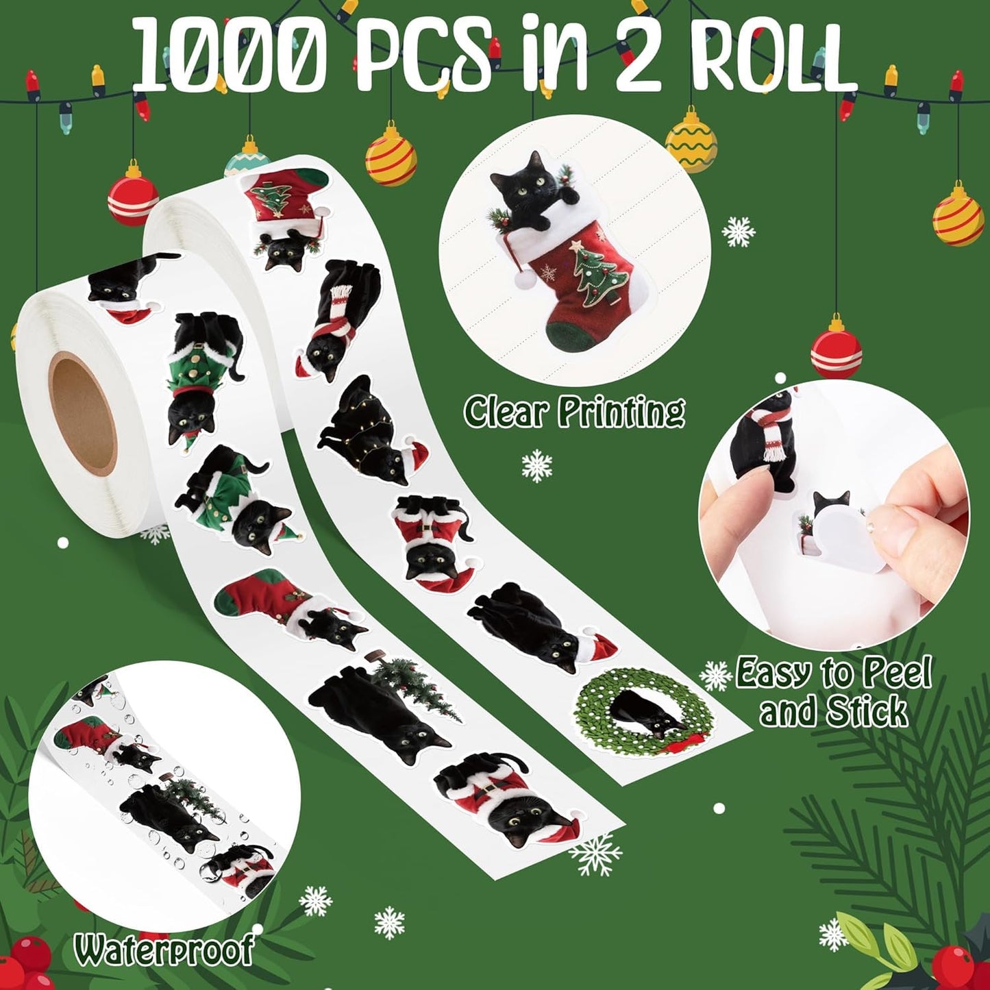 Christmas Black Cat Stickers - 2 Rolls with 16 Designs Waterproof Self-Adhesive Decals for Gift Wrapping, Kids Crafts, Water Bottles, Laptop Decor, Family Holiday Activities & Pet Lover Gifts