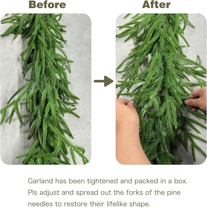 Senjie 9FT 2PCS Christmas Garland Norfolk Pine Garland Real Touch Artificial Greenery Garland for Mantle Fireplace Table Indoor Outdoor Holiday Decortions