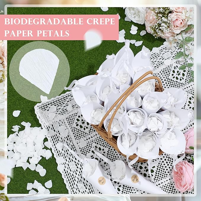 Biodegradable Wedding Confetti 5000 Paper Hydrangea Flower Petals with 60 Throw Me Stickers 60 Biodegradable Cones 1 Basket White Flower Petals for Wedding Ideas Romantic Night Decor