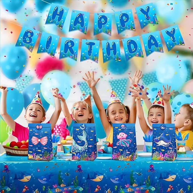 Inshinern Ocean Animals Party Favors Under The Sea Goodie Treat Gift Bag with Stickers Jellyfish Shark Coral Oneder The Sea Party Decorations Mermaid Themed Candy Bags for Kids Birthday Baby Shower