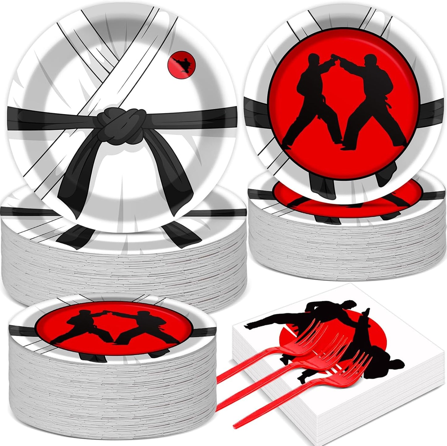 50 Guests Karate Party Supplies Karate Plates and Napkins Forks Disposable Tableware Set Paper Plates for Karates Theme Party 200PCS