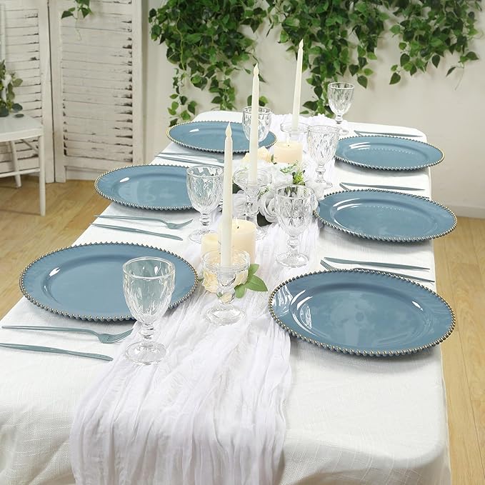 Efavormart 10-Pack Economy Plastic Charger Plates 13" Round Dusty Blue with Gold Beaded Rim - Stylish Dinner Party Serving Plates