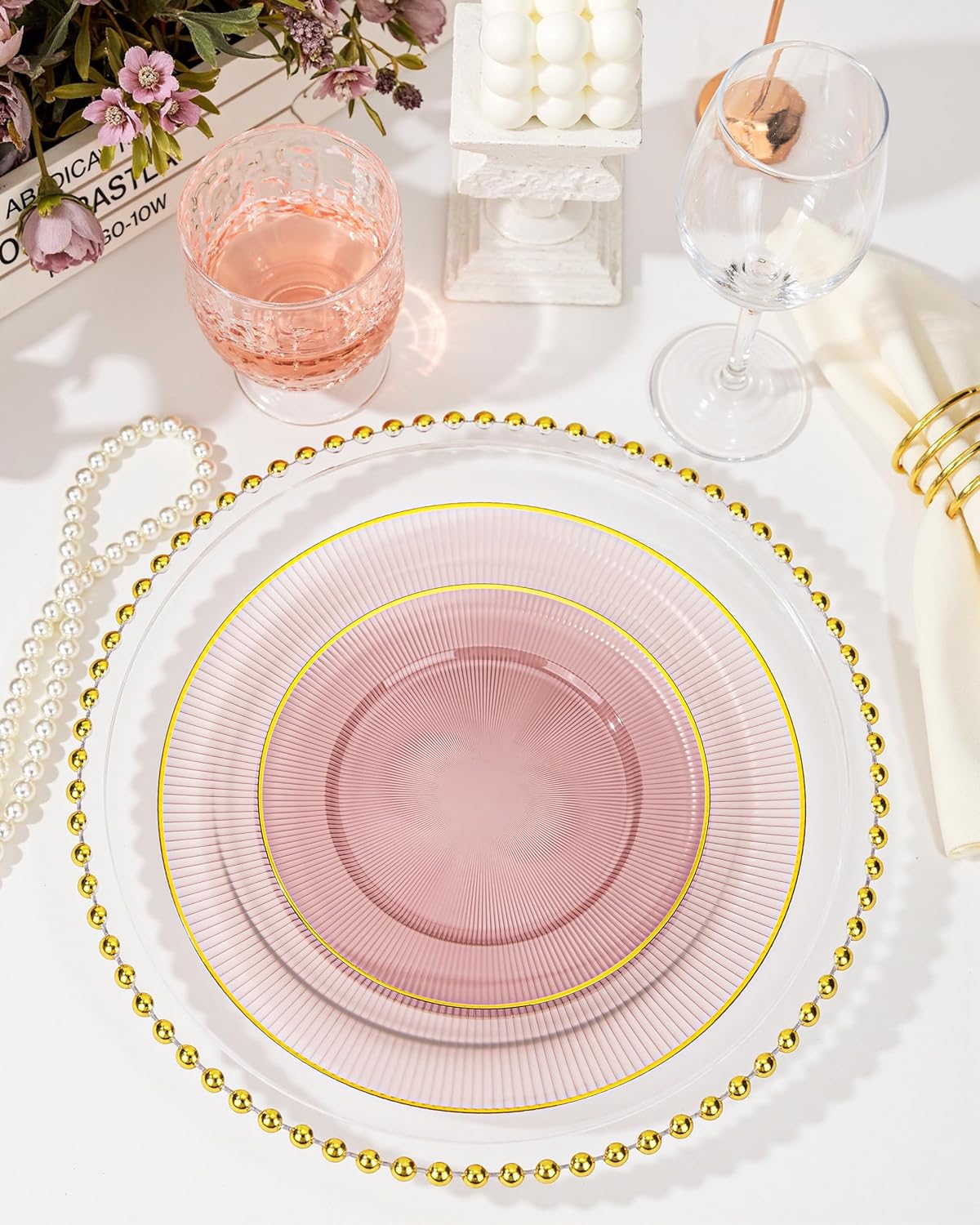 Hioasis 60pcs Burgundy and Gold Plastic Plates - Burgundy Disposable Dinnerware Set, 30pcs Dinner 10.25in & 30pcs Dessert 7.5in Plates with Striped Designs for Party & Wedding